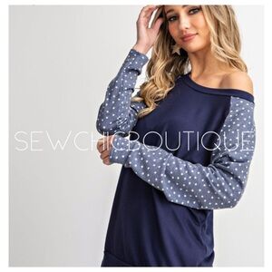 Navy Blue Side Star Contrast Sweatshirt Top
